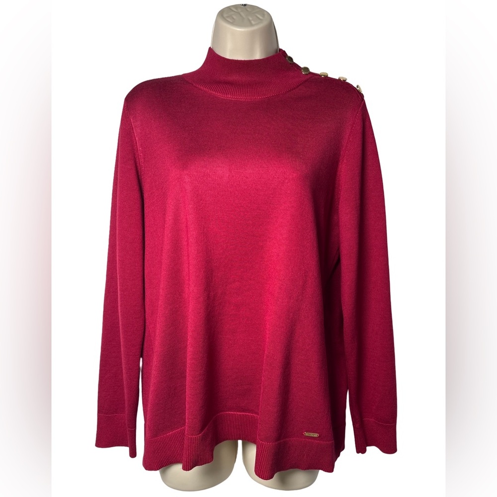 Calvin Klein Women’s Red Mockneck Sweater Gold Buttons Along Shoulder SZ L